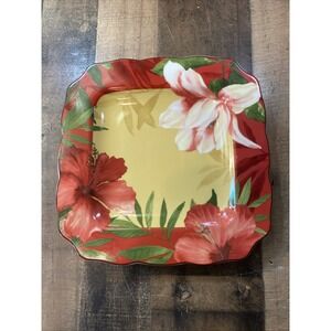 222 Fifth "Belize" Square Dinner Plate 11" Red Yellow Tropical Floral Scalloped